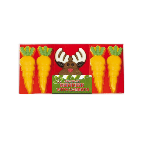 Hand-decorated chocolate reindeer and carrot treats in an acetate pack by Jag Couture London New York, perfect for festive occasions.