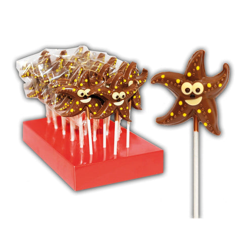 Hand-decorated chocolate starfish lollipops displayed together, featuring intricate designs by Jag Couture London New York.