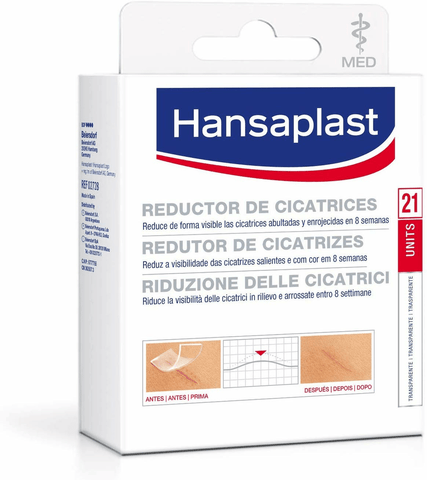 Hansaplast Scars Reducer in a box of 21 units, designed to help minimize scar appearance and promote skin healing.