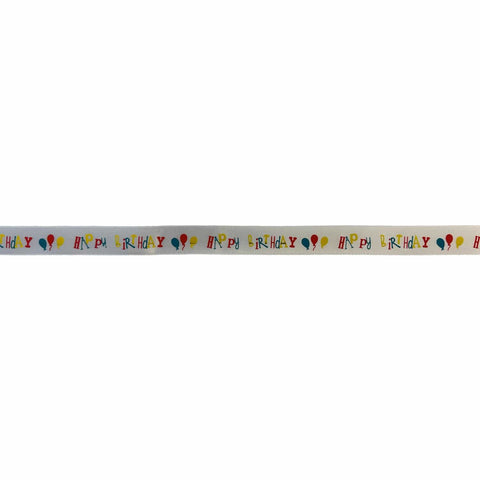 White ribbon with printed "Happy Birthday" balloons design by Jag Couture London - New York, ideal for birthday decorations.