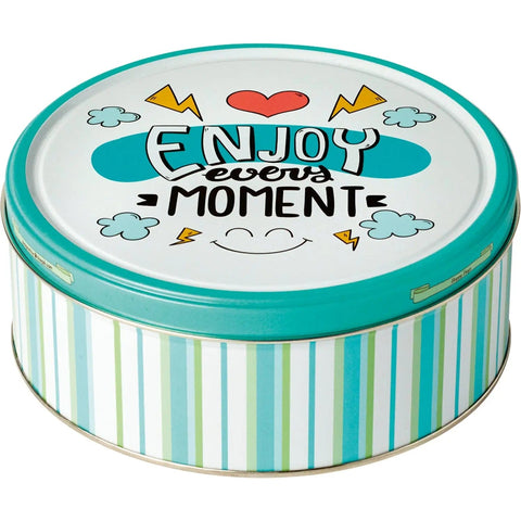 Happy Days message tin of Danish cookies from Jag Couture London New York, featuring colorful packaging and assorted cookies inside.