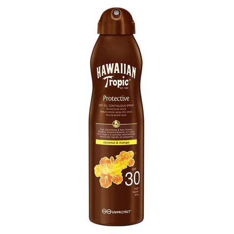 Hawaiian Tropic Coconut and Mango SPF 30 spray in 180ml bottle, hydrating sun protection by Jag Couture London - New York