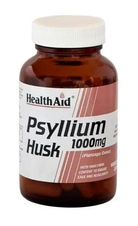 Health Aid Psyllium Husk Fiber capsules by Jag Couture London - New York, 60-vcap bottle, soft gel capsules for digestive health.