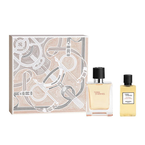 Hermès Terre D'Hermès Eau de Toilette for men with 50ml spray and 40ml bath gel, in elegant packaging.