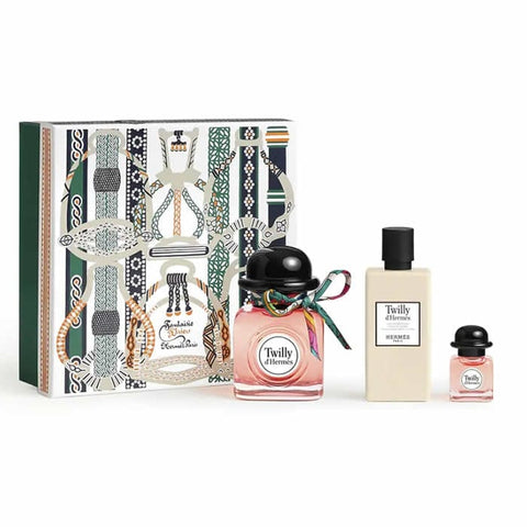 Hermes Twilly Eau de Parfum spray set with three 85ml bottles, featuring floral perfume bottles with colorful caps.