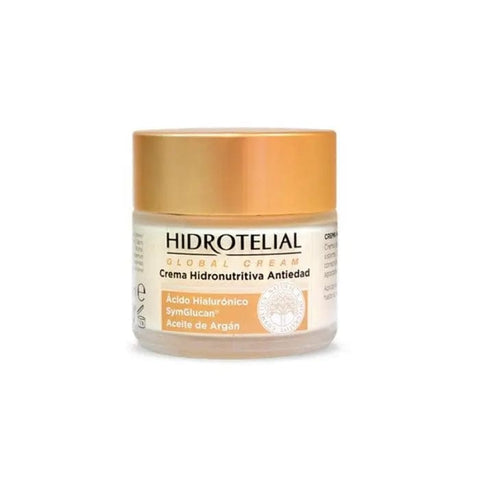 Hidrotelial Global Anti-Ageing Moisturising Cream by Jag Couture London New York in a 50ml jar with smooth cream inside.