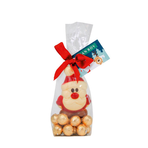 Mini Belgian milk and white chocolate Santa figures on gold foiled chocolate balls in a gift bag, by Jag Couture London New York.