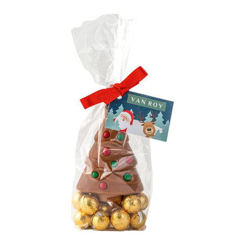 Hollow Belgian milk chocolate trees on gold foiled milk chocolate balls in a gift bag from Jag Couture London - New York.
