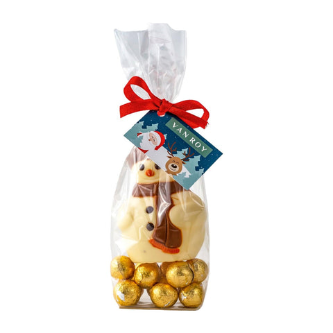 Belgian white chocolate snowmen on gold foiled milk chocolate balls in a gift bag, by Jag Couture London - New York.