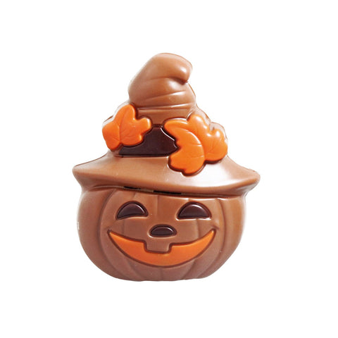 Hollow milk chocolate pumpkin with hat by Jag Couture London - New York, 8.5cm tall, detailed festive chocolate figure.