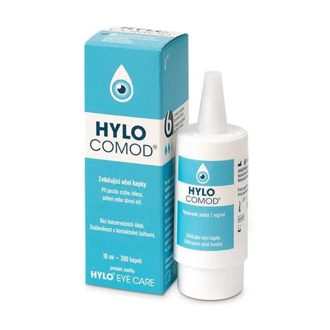 Hylo-Comod eye lubricant 10ml bottle from Jag Couture London New York, clear eye drop container with white cap.