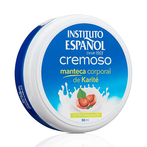 Jar of Instituto Español Tarro Cremoso Mant Karite moisturizer by Jag Couture London, 50ml, with a smooth, creamy texture.