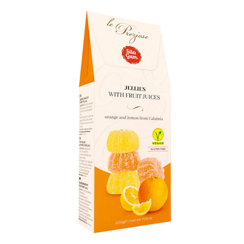 Assorted Italian orange and lemon fruit jellies from Jag Couture London New York, colorful and glossy sweet treats.