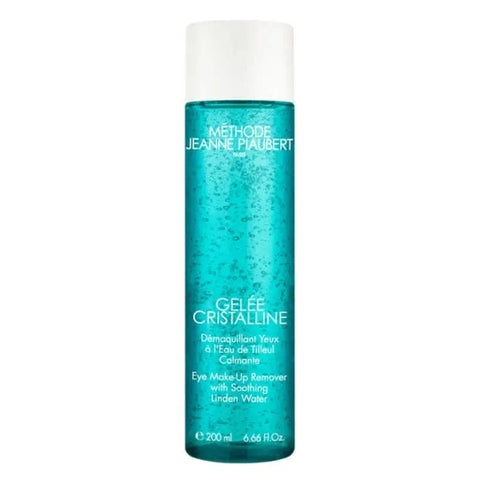 Jeanne Piaubert Gelée Cristalline eye makeup remover in 200ml jar, shown with clear gel texture and elegant packaging.