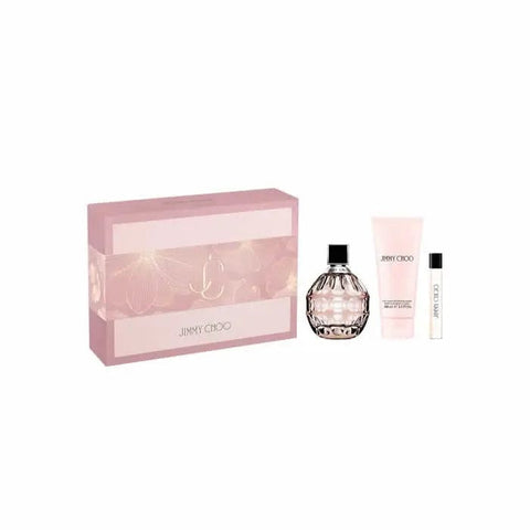 Jimmy Choo Eau De Parfum spray 100ml set with three pieces, featuring elegant perfume bottles in a luxurious design.
