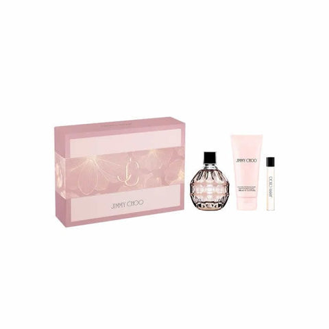 Jimmy Choo Eau De Parfum spray 100ml set with three bottles, featuring elegant perfume bottles and stylish packaging.