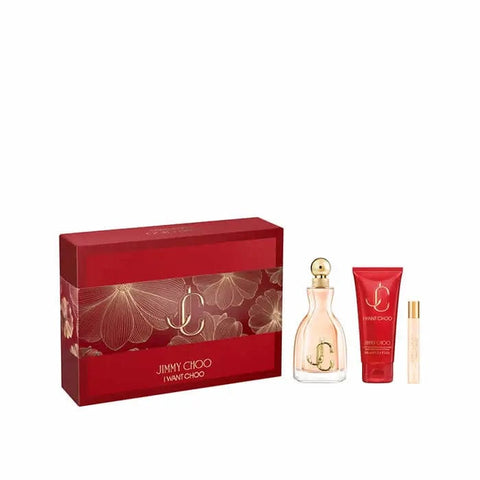Jimmy Choo I Want Choo Eau de Parfum spray set with three 100ml bottles displayed in elegant packaging.