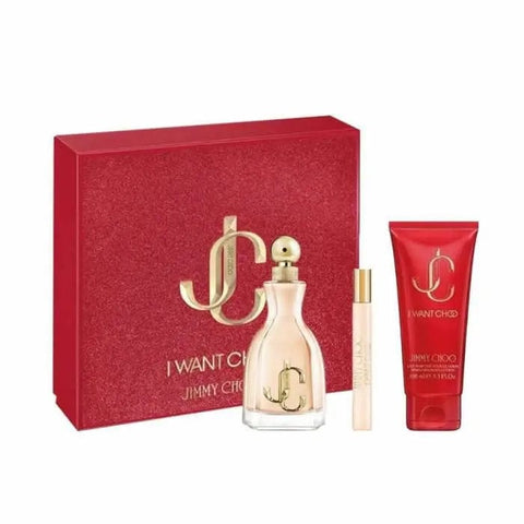 Jimmy Choo I Want Choo Eau De Parfum spray set with three 100ml bottles, featuring elegant perfume bottles on a display.