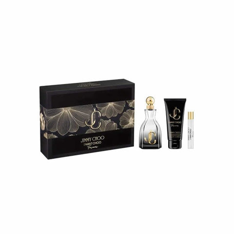 Jimmy Choo I Want Choo Eau De Parfum Spray 100ml set with three elegant bottles, showcasing the luxurious fragrance and packaging.