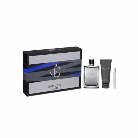Jimmy Choo Man Eau De Toilette spray 100ml set with three pieces, featuring sleek bottles and stylish packaging.