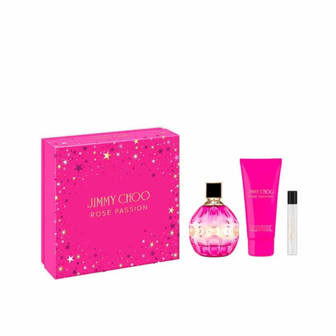 Jimmy Choo Rose Passion Eau de Perfume spray set with three 100ml bottles, featuring floral fragrance and elegant packaging.