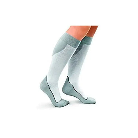 White and grey Jobst Sport Socks in size large by Jag Couture London New York, designed for athletic performance.