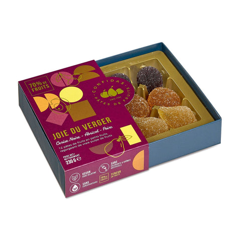 Joy of the Orchard gift box by Jag Couture London features assorted pates de fruits in apricot, pear, and black cherry flavors.