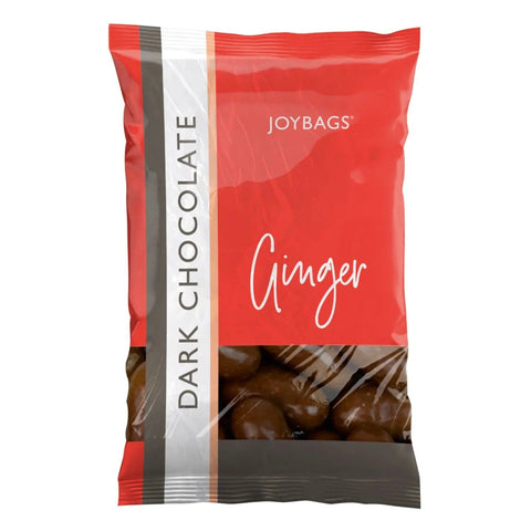 Dark chocolate covered ginger from Joybags by Jag Couture London New York, shown in this close-up image.