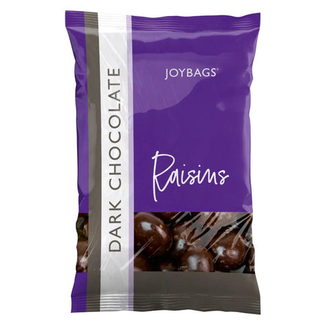Dark chocolate covered raisins in a Joybags package by Jag Couture London New York, showcasing glossy chocolate coating and raisins.