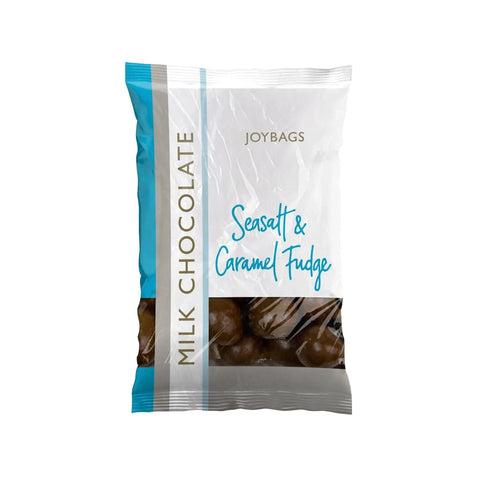 Milk chocolate-covered fudge pieces with sea salt and caramel from Joybags by Jag Couture London - New York, shown in the image.