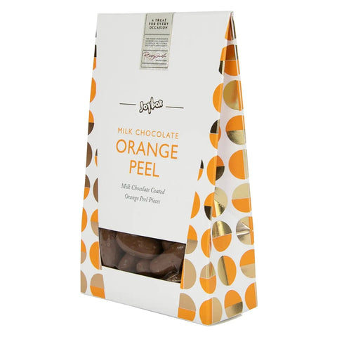 Joybox orange peel coated in milk chocolate from Jag Couture London in a carton, showcasing glossy chocolate and bright orange peel.