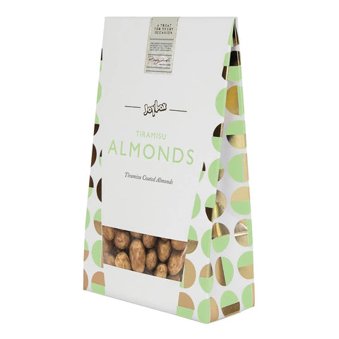 Joybox tiramisu almonds coated in milk chocolate in a carton, from Jag Couture London - New York, displayed in a close-up image.