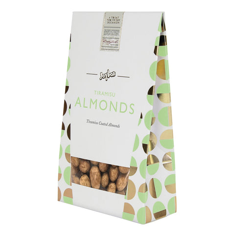 Joybox Tiramisu almonds coated in milk chocolate from Jag Couture London in a carton.