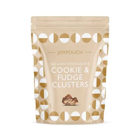 Milk chocolate covered cookie and fudge clusters by Joypouch, presented in a clear view showing their texture and rich coating.