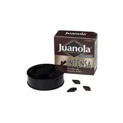Juanola Intense Liquorice Tablets by Jag Couture London - New York, showing a close-up of the 5.4g tablets in a blister pack.