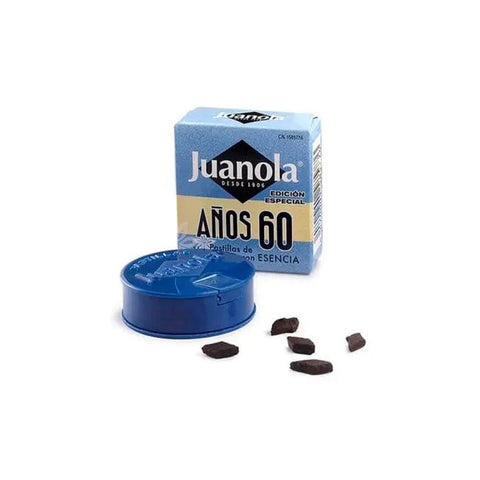 Vintage Juanola Liquorice and Aniseed Tablets from the 1960s, displayed in their original packaging, by Jag Couture London-New York.