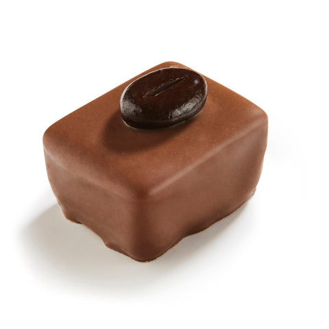 Kairo coffee praline in milk chocolate by Jag Couture London, 20g, showcasing the glossy chocolate coating and coffee filling inside.