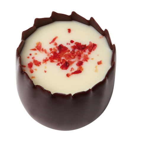 Karina dark chocolate strawberry ganache cup by Jag Couture London New York, 13g, showing a rich chocolate and strawberry treat.