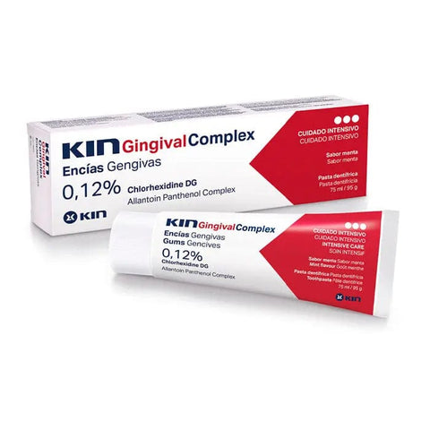 Jag Couture London Kin Gingival Complex Toothpaste 75ml tube, showing the white packaging and brand logo on the tube.