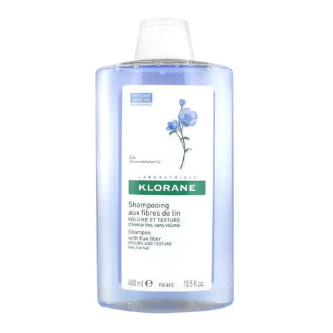 Klorane Volume and Texture Shampoo with Flax Fiber in a 400ml bottle, shown with the product label and packaging.