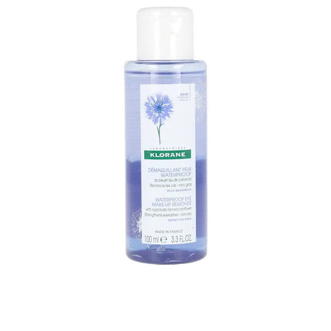 Klorane Waterproof Eye Make-Up Remover 100ml bottle with clear label, designed for gentle removal of waterproof eye makeup.