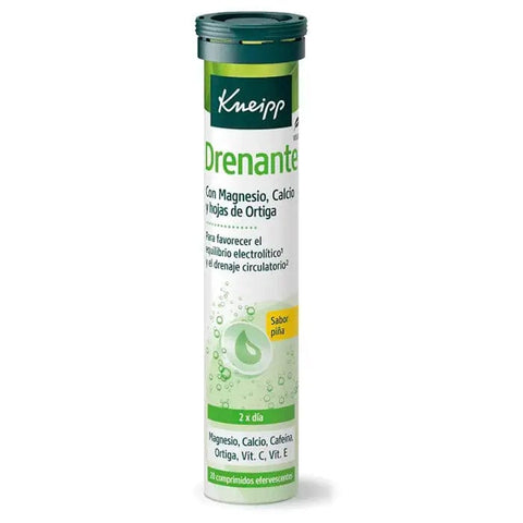 Kneipp Drenante Pineapple Effervescent Tablets by Jag Couture London New York, showing 20 effervescent tablets in a clear container.