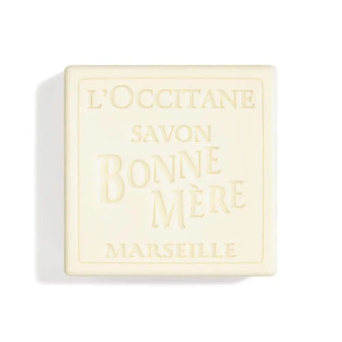 L'Occitane Bonne Mère Savon Extra Pure 100g soap with white and green packaging, showcasing a traditional soap bar.