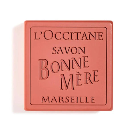 L'Occitane Bonne Mère Savon Rubarba Basil soap bar, 100g, with fresh basil fragrance, displayed in a natural setting.