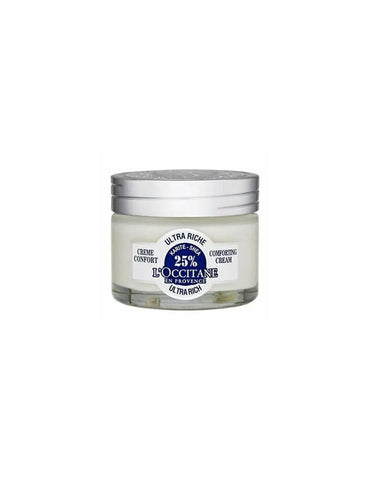 L'Occitane Karité Crème Visage Ultra Riche 50ml, a luxurious face cream in a white jar with a gold lid from Jag Couture London.