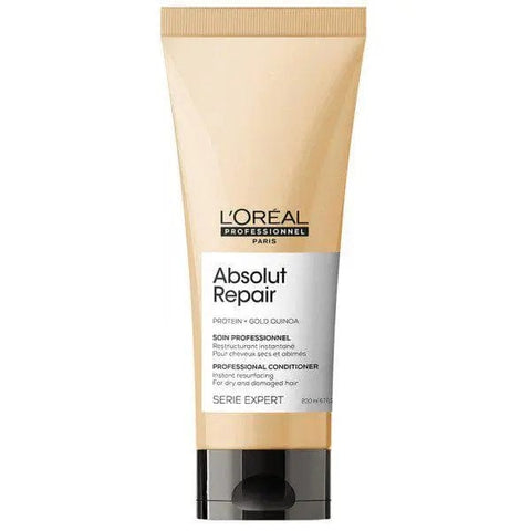 L'Oreal Professionnel Absolut Repair Gold professional conditioner in 500ml bottle, shown with gold accents and sleek packaging.