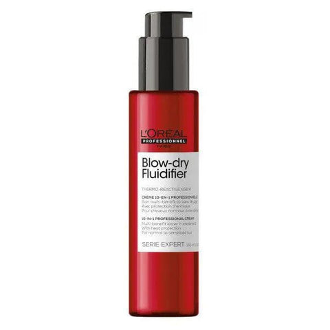 L'Oreal Professionnel Blow-Dry Fluidifier 10-In-1 professional cream in 150ml jar with smooth, shiny hair on model