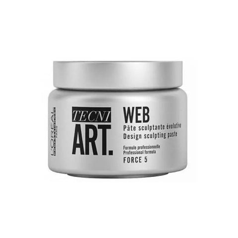 L'Oréal Professionnel Tecni Art Web Sculpting Paste Force 5 150ml jar with black and white label, showcasing its textured product packaging.