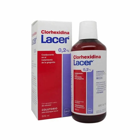 Jag Couture London New York Lacer Chlorhexidine Mouthwash 500ml bottle, clear liquid with label, for oral hygiene.