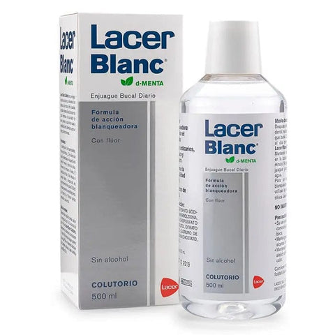 Lacer Lacerblanc mint mouthwash in a 500 ml bottle, featuring fresh mint flavor, by Jag Couture London New York.
